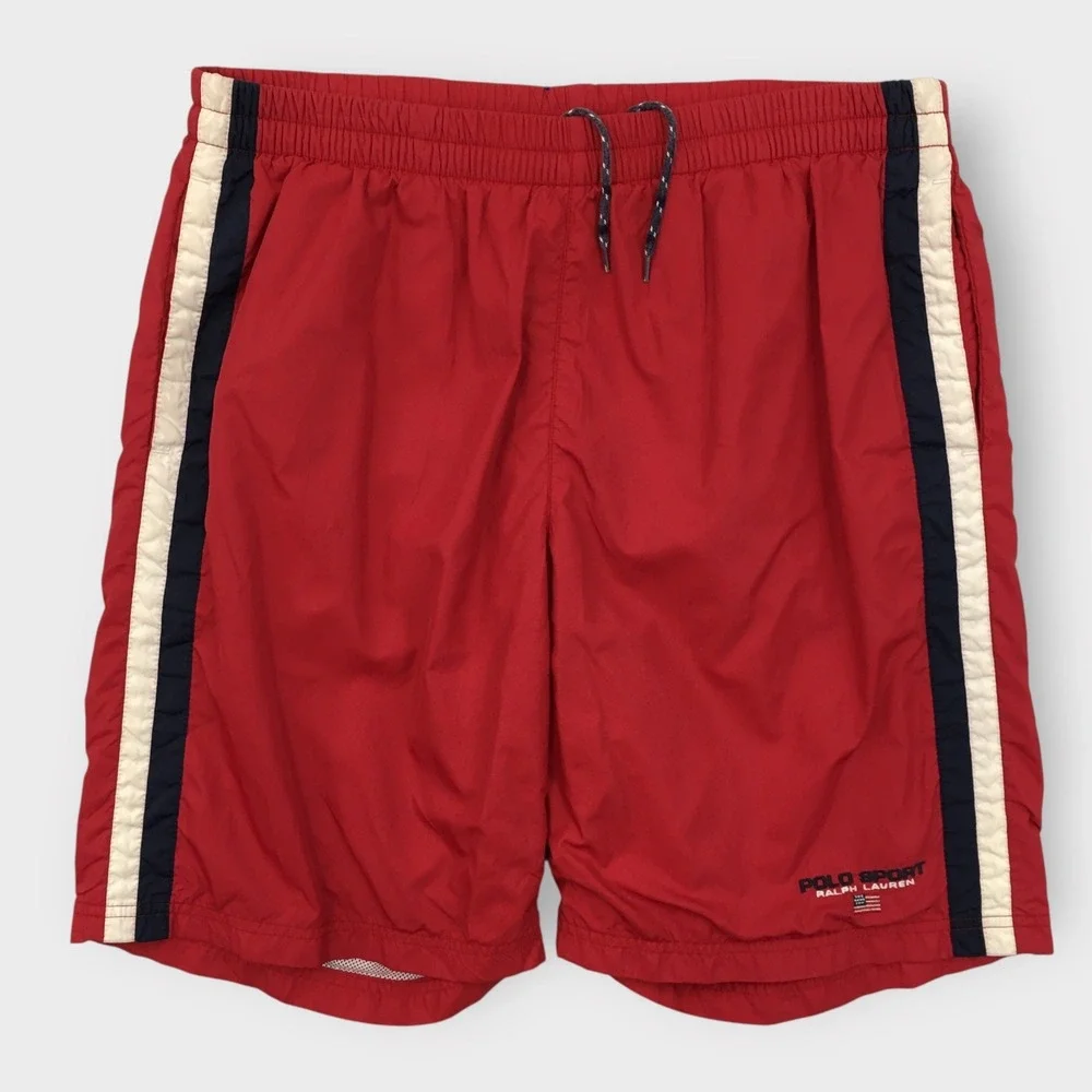 Vintage Polo Sport Ralph Lauren Swim Trunks Red Striped Lined Shorts‎ Size L